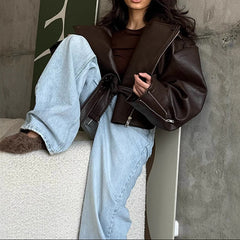 Vintage Oversized Zip Up Pu Leather Jacket
