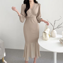 Cross V-neck Tie Waist Puff Sleeve Mermaid Dress