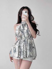 Vintage Stand Collar Ink Printing Chiffon Shirt