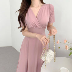 V-neck Cross Pleated Casual Midi Dress