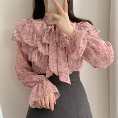 Tie Bow Ruffled Floral Blouse