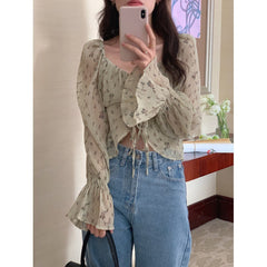 Coquette Bow Tie Floral Puff Long Sleeve Blouse