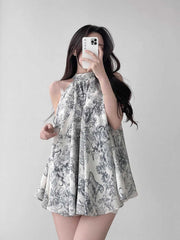 Vintage Stand Collar Ink Printing Chiffon Shirt