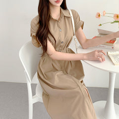 Solid Color Polo Collar Short Sleeve Maxi Dress