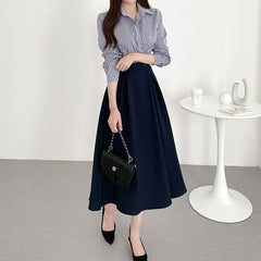 POLO Neck Striped Contrast Waist Long Sleeve Dress