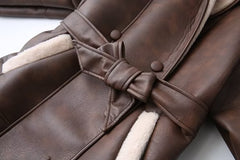 Vintage Fur Collar Pu Leather Belt Coat