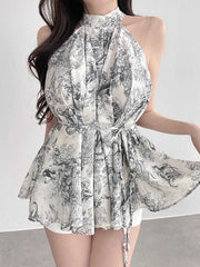 Vintage Stand Collar Ink Printing Chiffon Shirt