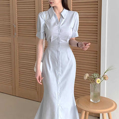 Solid Color Short Sleeve Button Bodycon Midi Dress