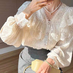 Vintage Ruffle Lace Long Sleeve Blouse