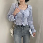 Square Collar Front Tie Ruffled Long Sleeve Blouse