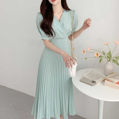 Cross V-neck Pleated Maxi Dress