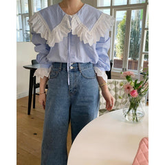 Doll Collar Lace Puff Sleeve Loose All-matching Shirt