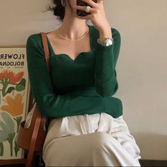 Square Collar Long Sleeve Knitted Tee