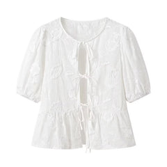 Embroidery Flowers Bowknot Puff Sleeve Blouse