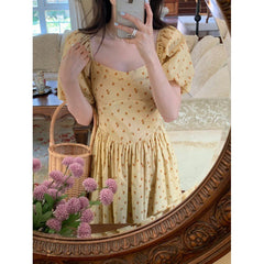 French Light Yellow Square Collar Pear-shaped Slightly Fat Dopamine Dress