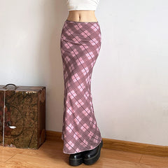 Vintage Plaid Print Maxi Skirt