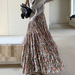 Vintage Floral High Waist Pleated Maxi Skirt