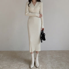 V-Neck Rib Midi Knitted Dress
