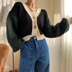 V-Neck Patchwork Oversized Knitted Cardigan