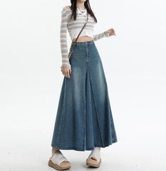 Vintage Wash Pleated Denim Maxi Skirt