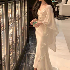 Oblique Wire Sling Embroidery Maxi Dress