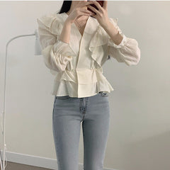 V-Neck Ruffled Long Sleeve Blouse