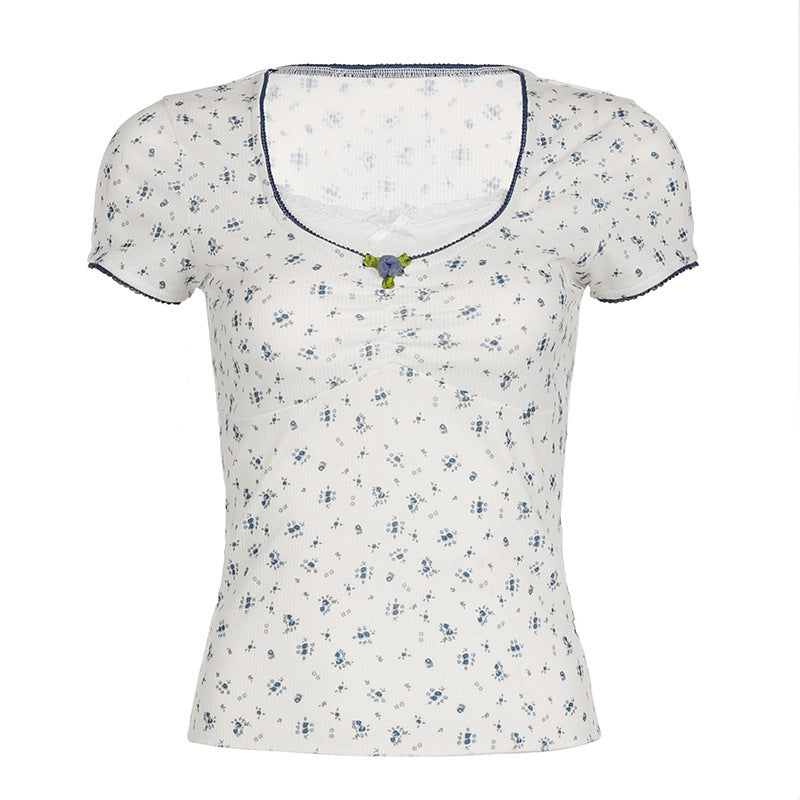 Lace Stitching Square Collar Bow Floral Tee