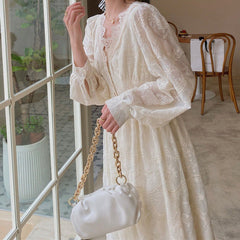 Vintage Lace Trim Puff Sleeve Maxi Dress