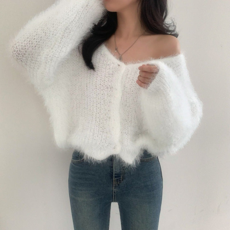 V-neck Knitted Fuzzy Cardigan