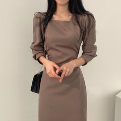 Square Collar Puff Sleeve Midi Dress