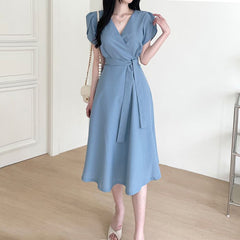 V Neck Puff Short Sleeve Midi Dress