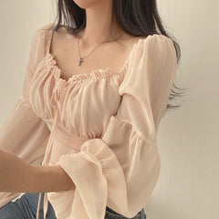 Solid Color Elastic Square Neck Puff Sleeve Blouse