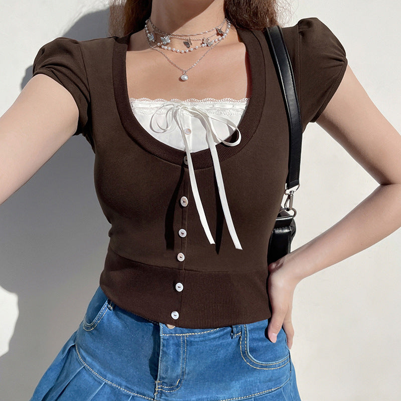 Lace Stitching Bow Square Collar High Waist Short Sleeve T-shirt Top