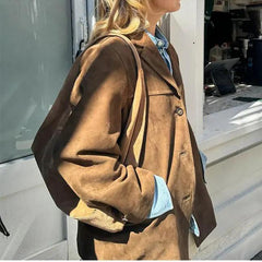 Chic Brown Casual Suede Lapel Jacket