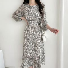 Round Neck Floral Long Sleeve Dress