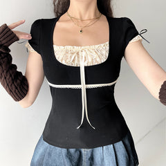 Lace Stitching Bow Square Collar High Waist Short Sleeve T-shirt Top