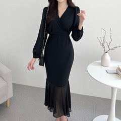 Cross V-neck Tie Waist Puff Sleeve Mermaid Dress