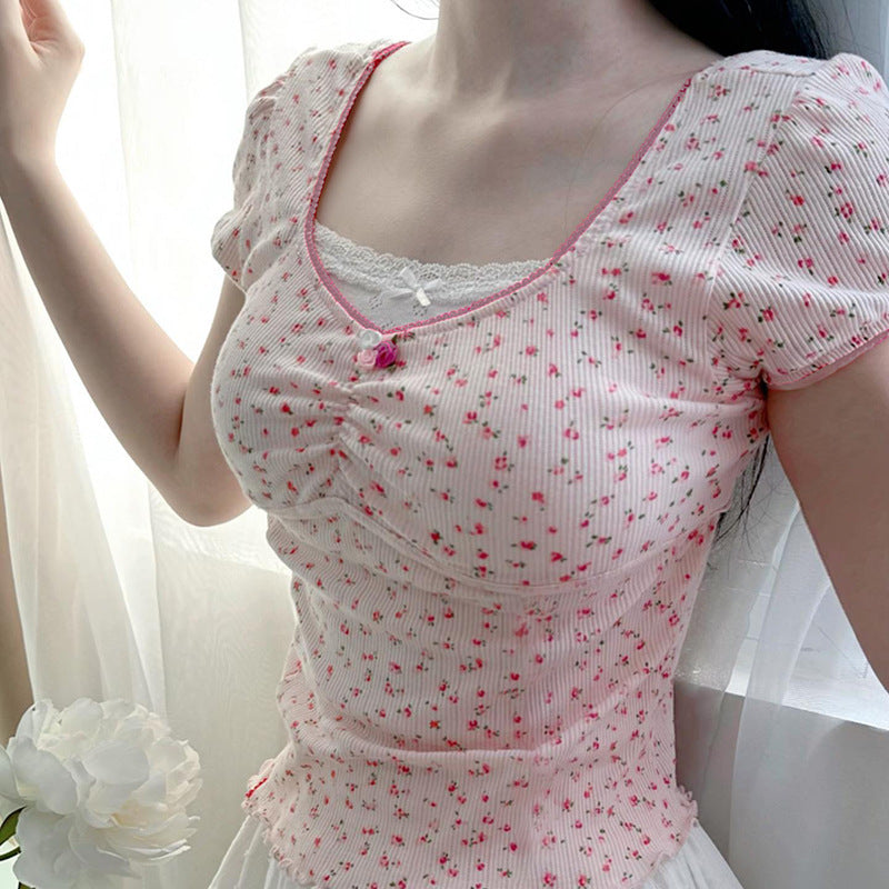 Lace Stitching Square Collar Bow Floral Tee