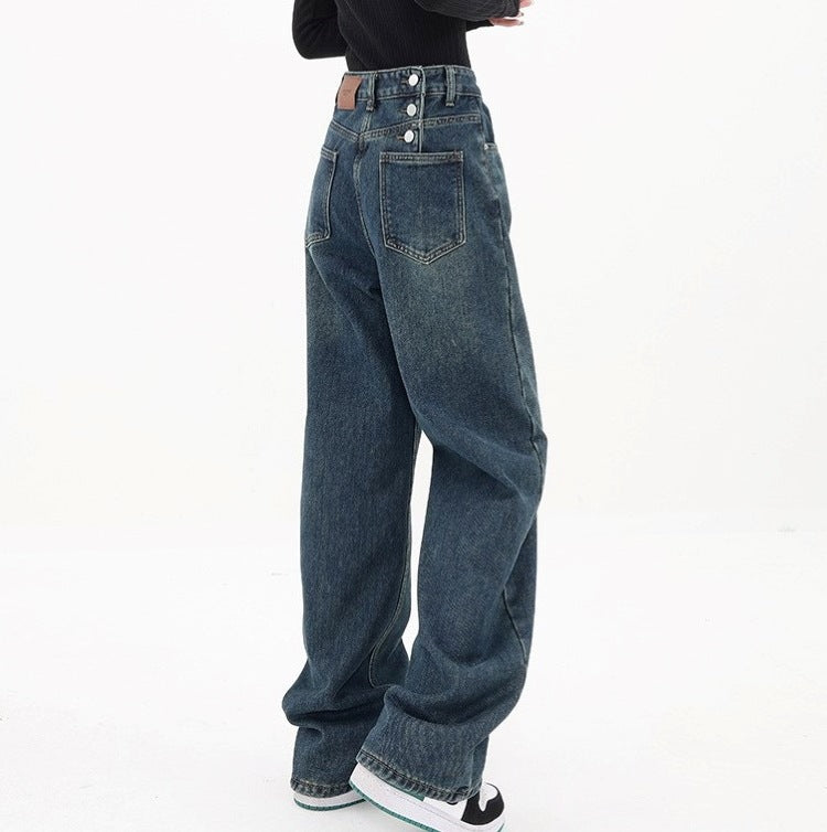 Three Button Baggy Wide Leg Boyfriend Jeans