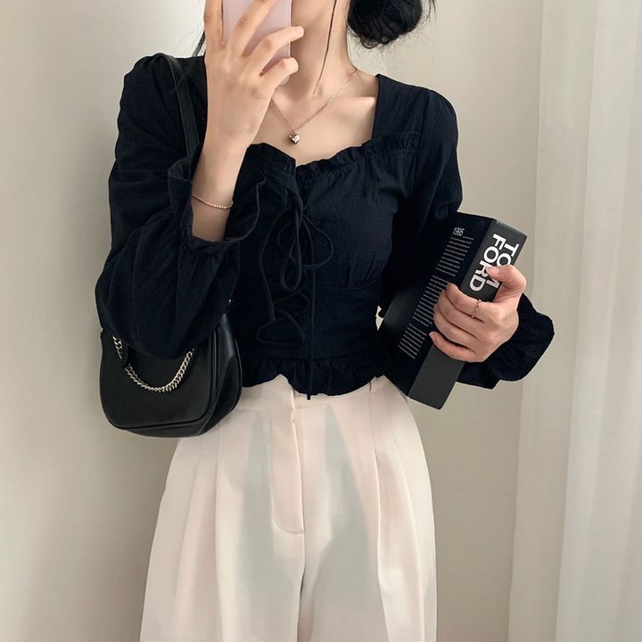 Square Collar Front Tie Ruffled Long Sleeve Blouse