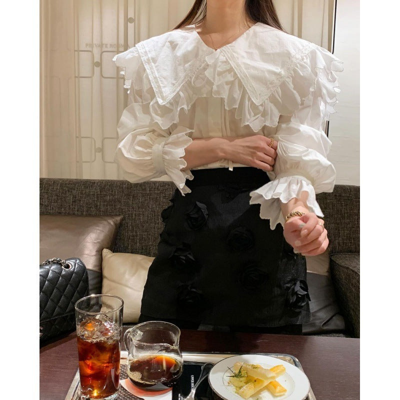 Doll Collar Lace Puff Sleeve Loose All-matching Shirt