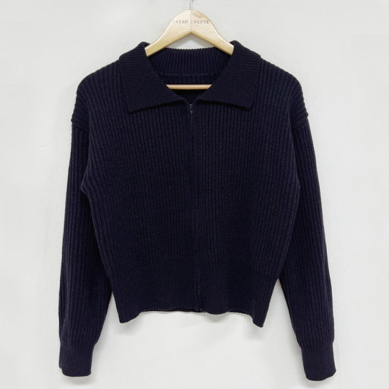 Lapel Zip Up Casual Sweater