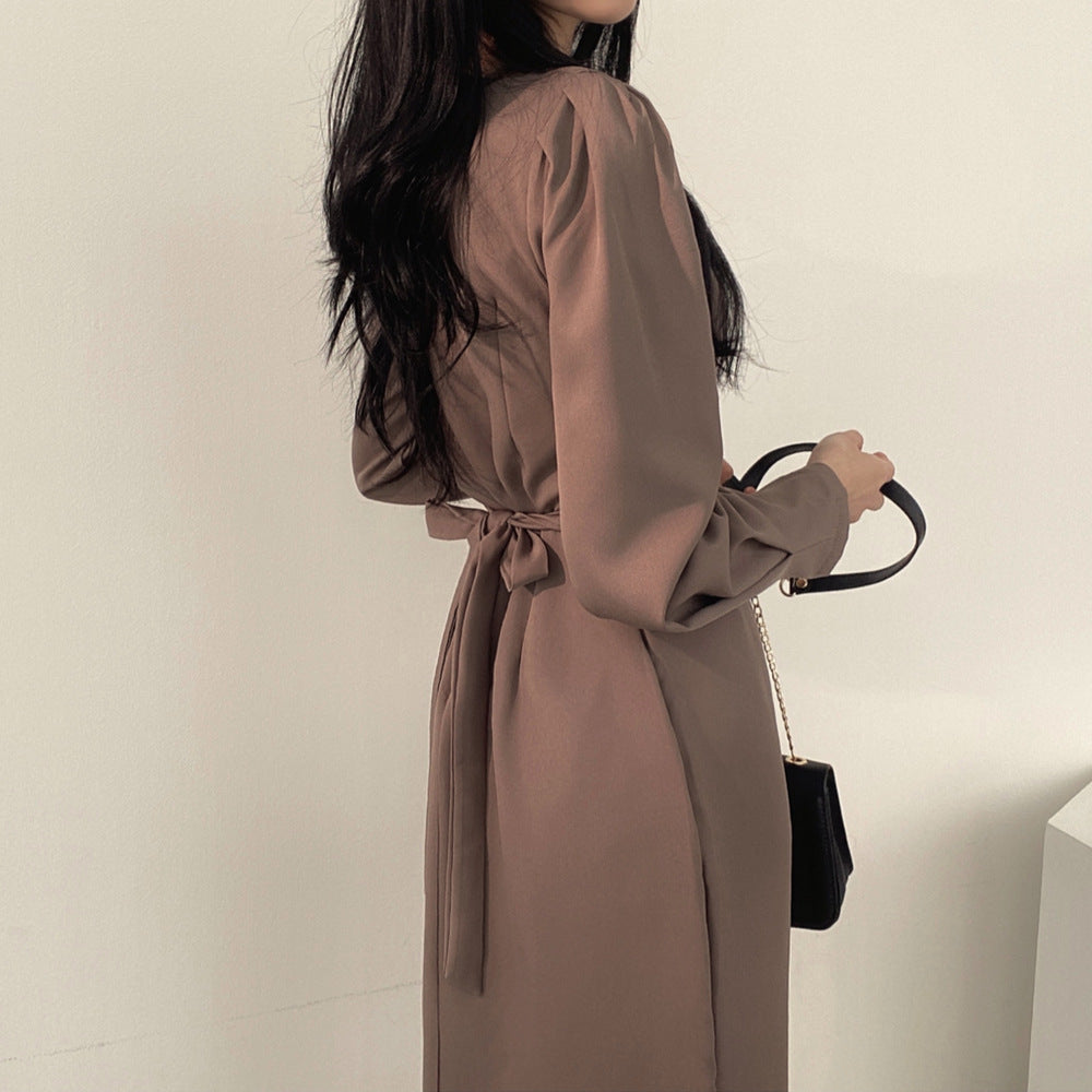 Square Collar Puff Sleeve Midi Dress