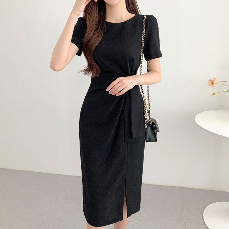 Round Neck Twist Tie Waist Midi Dress