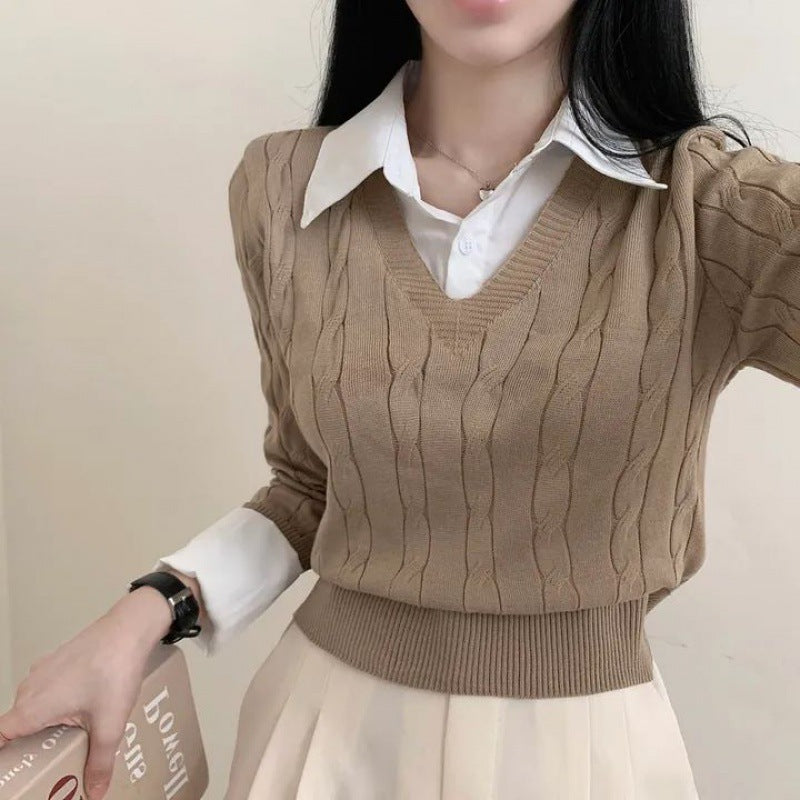 Polo Collar Cable Knit Fake Two-piece Knitted Tee