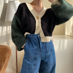 V-Neck Patchwork Oversized Knitted Cardigan