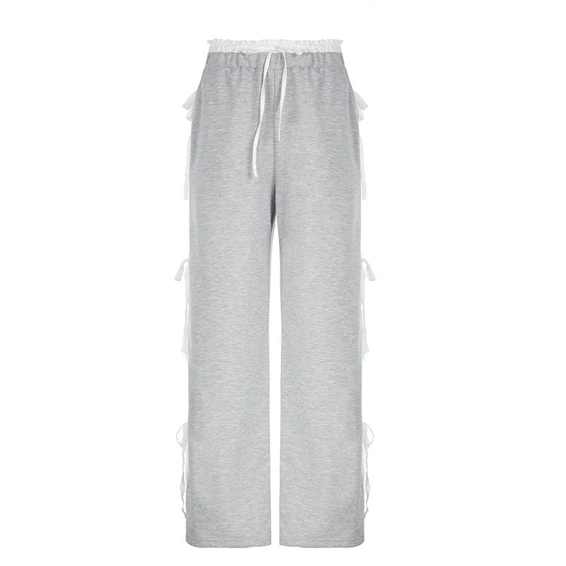 Side Lace Patchwork Bow Baggy Sweatpants