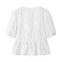 Embroidery Flowers Bowknot Puff Sleeve Blouse