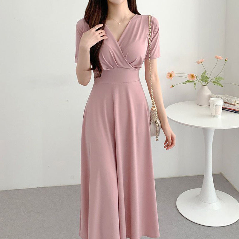 V-neck Cross Pleated Casual Midi Dress