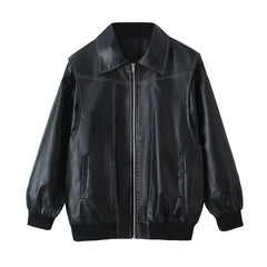 Vintage Sewing Detail Oversized Pu Leather Jacket